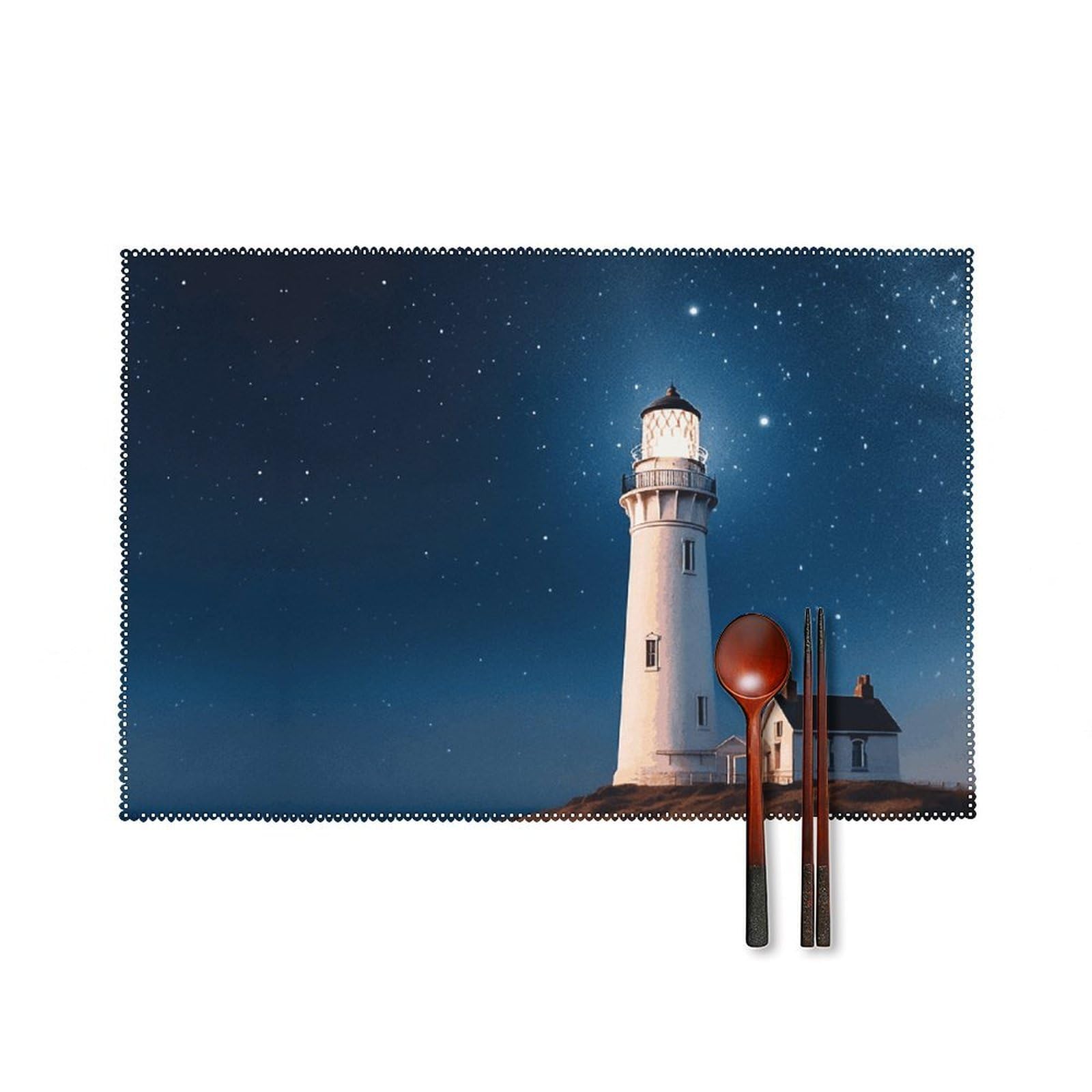 Lighthouse Under Starry Night Sky Placemats Set of 6, 12x18 Inch Heat Resistant Washable Canvas Table Mats, Stain Resistant Decorative Dining Placemats for Kitchen, Restaurant, Outdoor Party