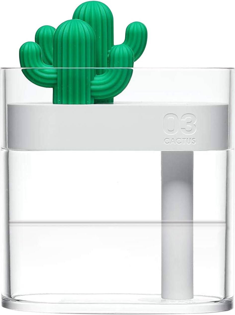 Mini USB Cool Mist Humidifiers, Cactus Humidifier with Night Light for Desk, 160ml Portable Air Diffuser for Bedroom, Office, Babies, Home, Travel, Waterless Auto-off …