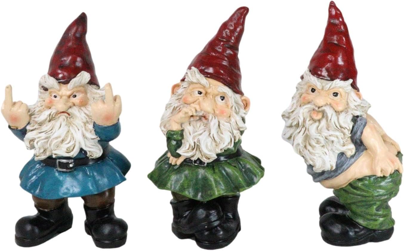 Ebros Gift Set of 3 Colorful Whimsical Novelty Rude Old Gnomes Flipping The Bird Mooning and Conniving Figurines Fairies Pixies Gnome Decor