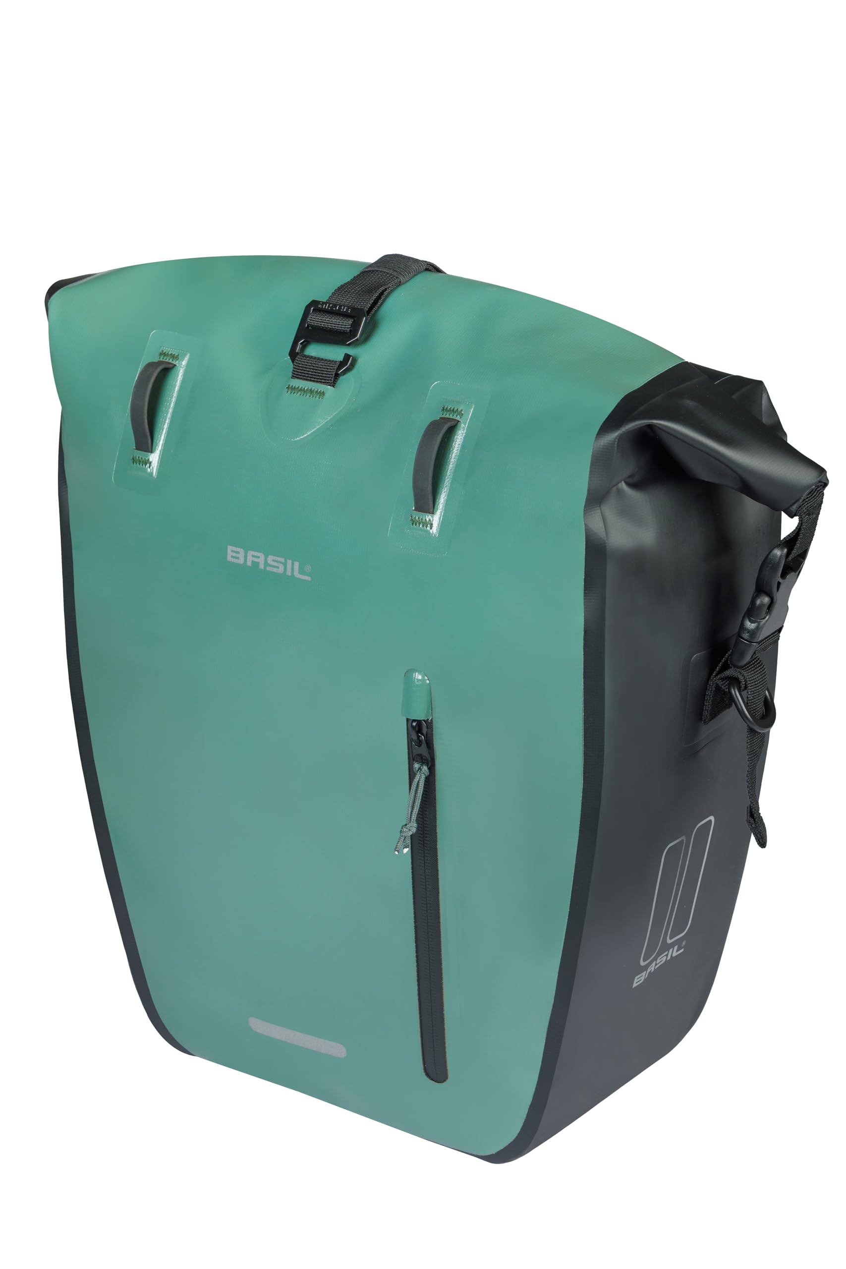 Basil Unisex Green Rivo Tarpaulin Mik Hooks Large Single Pannier Bag In Silver And Black - 25-31L