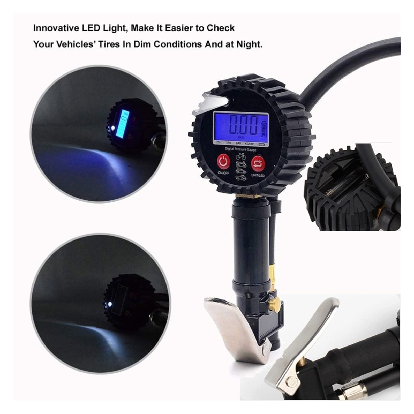 Wskaźnik ciśnienia w oponach Cyfrowy tester opon 200PSI Wyświetlacz LCD Manometr ciśnienia powietrza Szybkozłączka do samochodów ciężarowych motocykl (kolor: czerwony) (czarny)