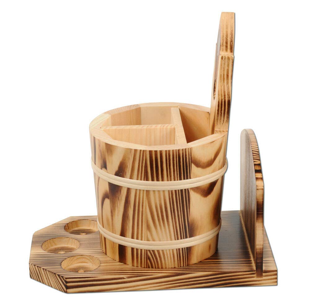 Besteckfass mit Menagenhalter und Kartenhalter 26 cm Geflammt aus Holz