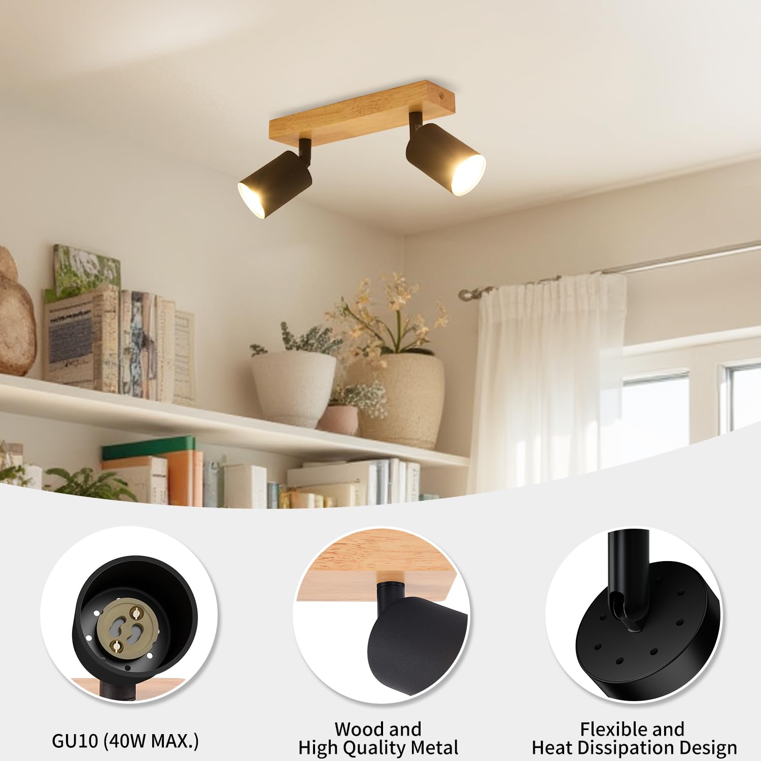 LVWIT Lámparas de Techo, GU10 Pantalla de Luz de Madera, 2 Way Accesorios de Luz Techos,Lámpara de Techo de pared Industrial Ajustable, Foco de Techo para Sala de Estar(No Incluye Bombillas)