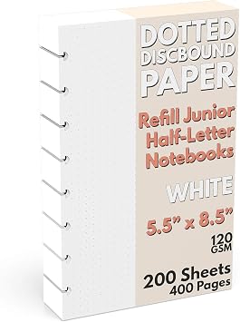 Discbound Half-Letter Size Extra Thick Dot Grid Paper Refill, 200 Sheets 400 Pages, 5.5 in. x 8.5 in, 120 GSM, Junior Size