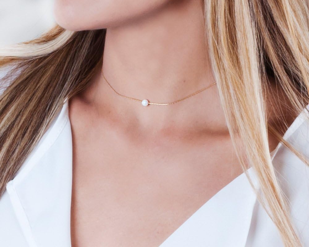 Opal Bead Choker Necklace – Rose and Gold Filled or Sterling Silver, Blue or White Opal Ball, Dainty Minimalist Jewelry 13.5"-16.5"