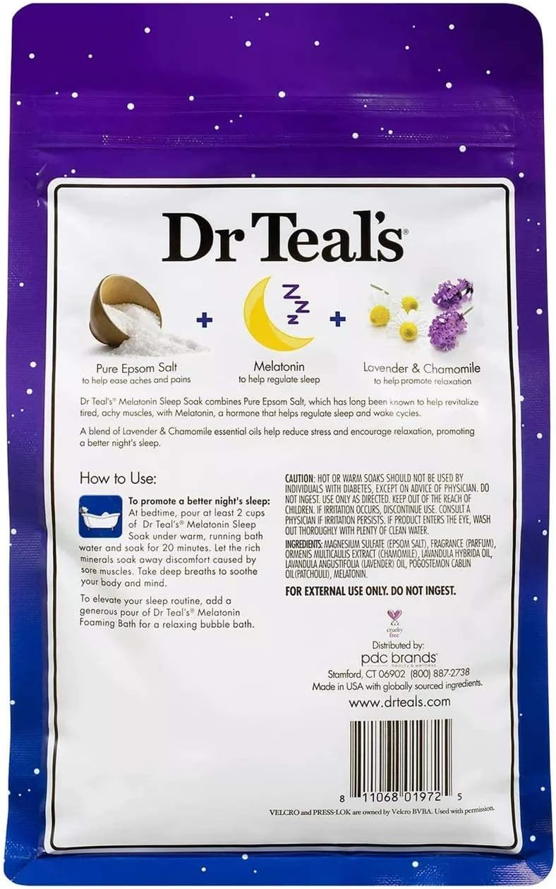 Dr. Teal's Melatonin Sleep Soak with Essential Oil Blend Pure Epsom Salt Soaking Solution 3lbs Pack of 2