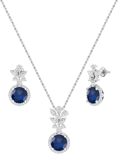 Dazzlingrock Blue Sapphire & Diamond Halo Pendant Necklace & Earrings Set
