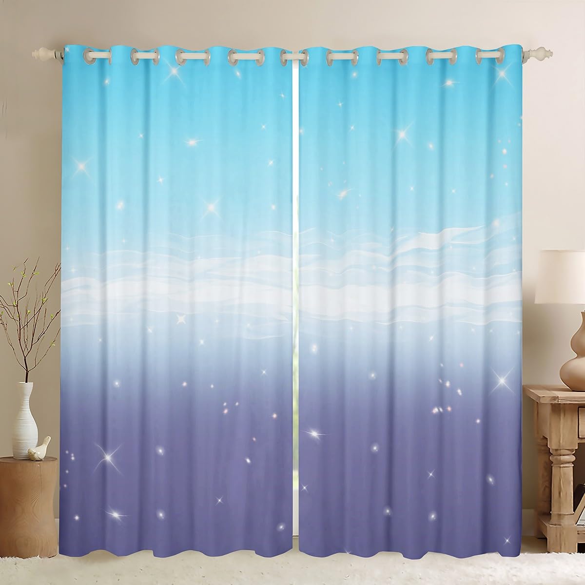 Homemissing Girls Curtains for Bedroom Living Room Blue Purple Rainbow 30%-50% Blackout Curtains for Kids Colorful Ombre Window Drapes Gliter Window Treatments W52*L63