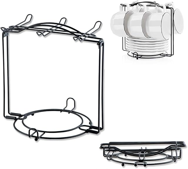 YOLIFE Tea Cups Display Stand, Disassemble Rack for Tea Cups and Suacers Set, Hold Up 6 Cups (200ML), 6 Saucers, 6 Spoon, Matte Black