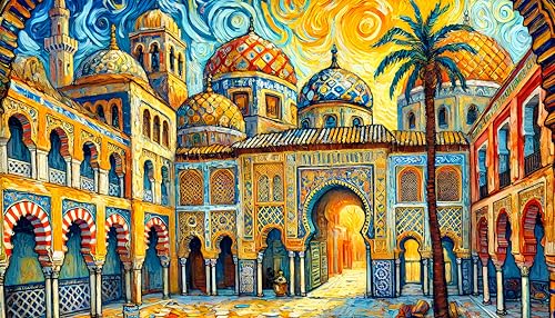 Biladona Alhambra 500-Piece Andalus Granada Jigsaw Puzzle for Adults by Biladona: Van Gogh Art Style - Vibrant Islamic Architecture, Magnetic Box & Resealable Fabric Bag