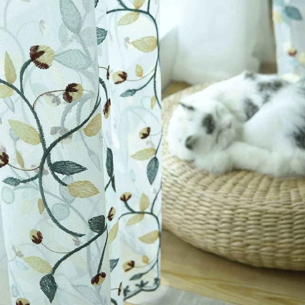 Elegance Luxury 100 Width Window Treatments Sheer Curtains Basic Rod Pocket Top Style for Living Nursery Room Embroidered Floral Embroidery Design