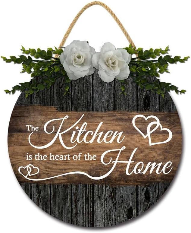 Decoración rústica para el hogar, decoración de pared con texto en inglés The Kitchen is the Heart of the Home, letreros de madera redondos rústicos
