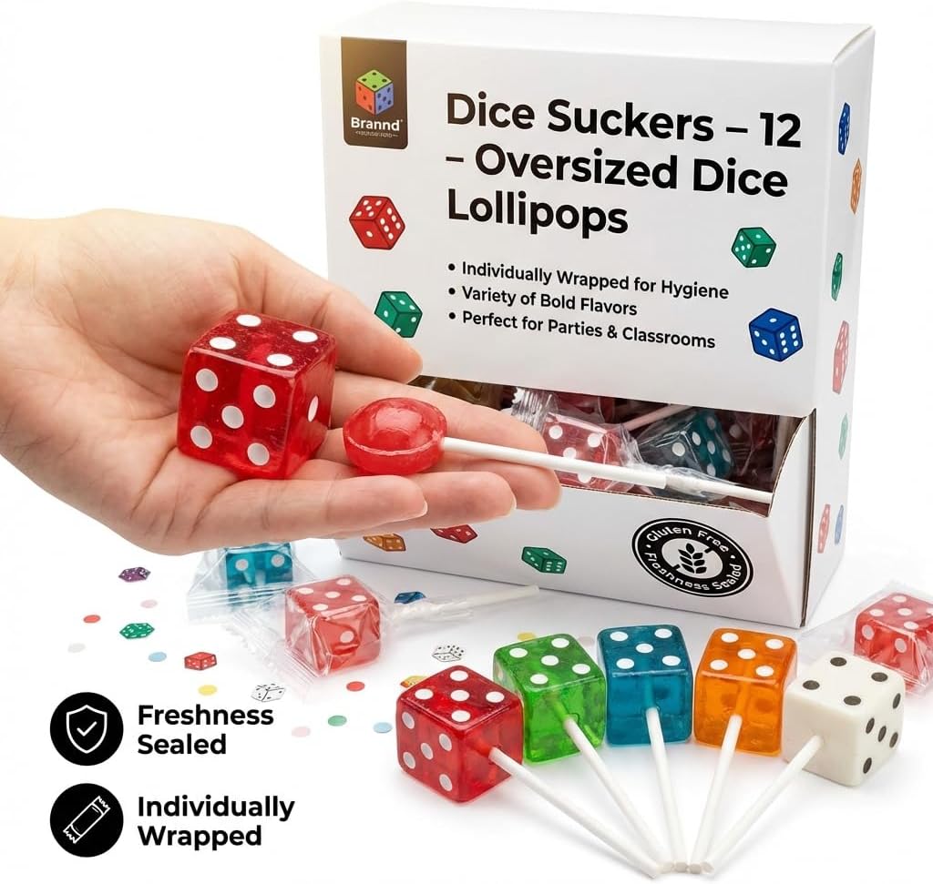 Dice Suckers - 12 Assorted, Oversized Dice Lollipops, Individually Wrapped, Realistic Design, Casino or Bunco Party Supplies