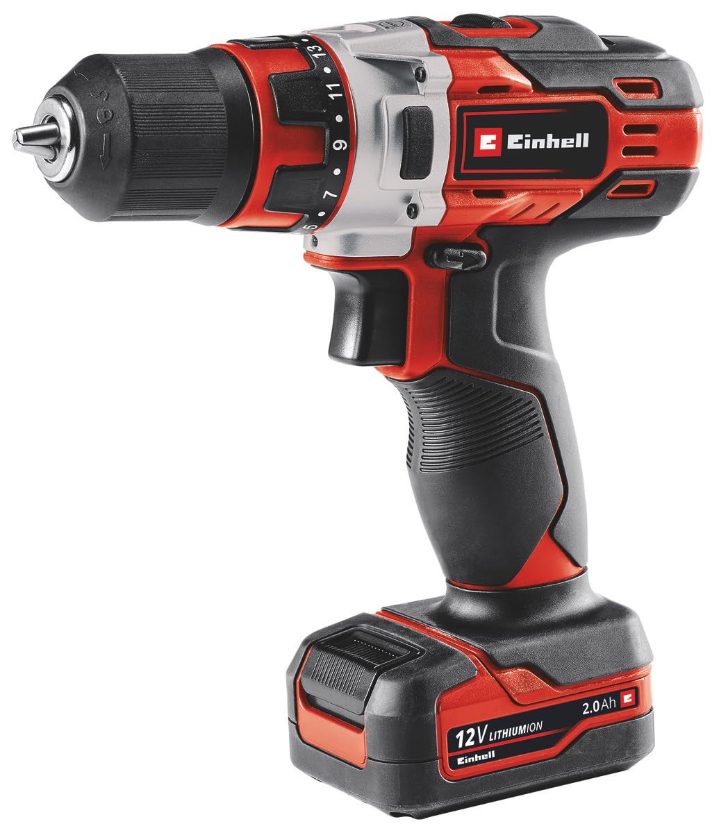 Einhell TE-CD 12/1 Li wiertarka akumulatorowa 1 x 2,0 Ah (30 Nm, 2-biegowa, elektroniczna regulacja prędkości, światło LED, wytrzymała metalowa przekładnia, ergonomiczna konstrukcja + miękki uchwyt, w