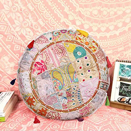Casa Moro XL Patchwork Yogakissen Lali Mittel Beige Ø 55cm x Höhe 10cm rund mit Füllung | Indisches Sitzkissen… – Bild 3