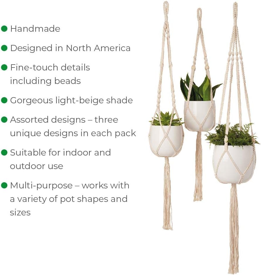 Macralore 3 Pack Handmade Premium Macrame Plant Hanger and 3 Pcs Hooks Indoor Outdoor Hanging Plant Holder Hanging Planter Stand