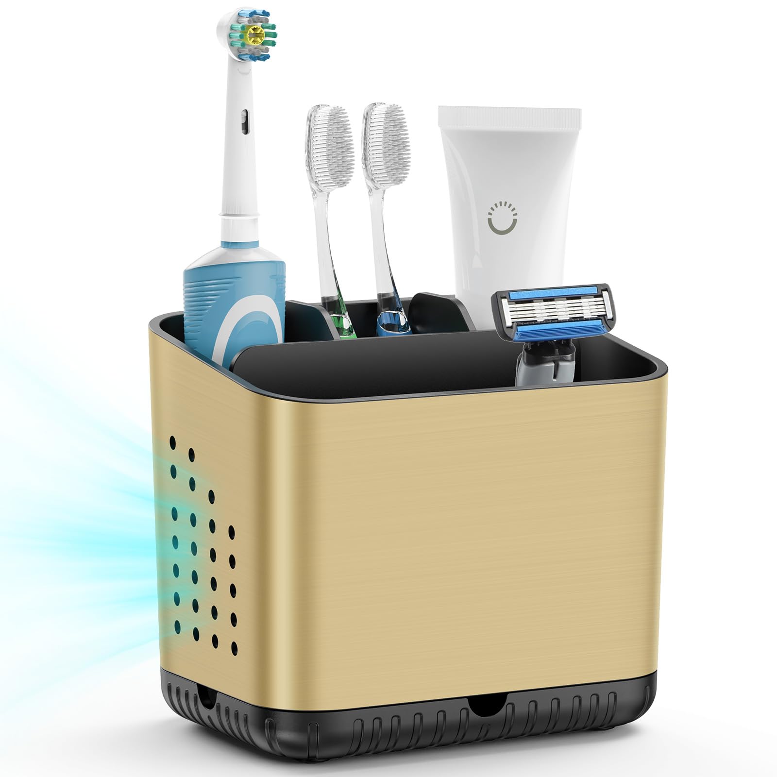 Toothbrush and Toothpaste Holder with Drainage, Black Gold Detachable Tooth Brush Holder for Bathroom Sink, Family Size 4 Slots Electric Toothbrush Holder with Non-slip Design โ image 1
