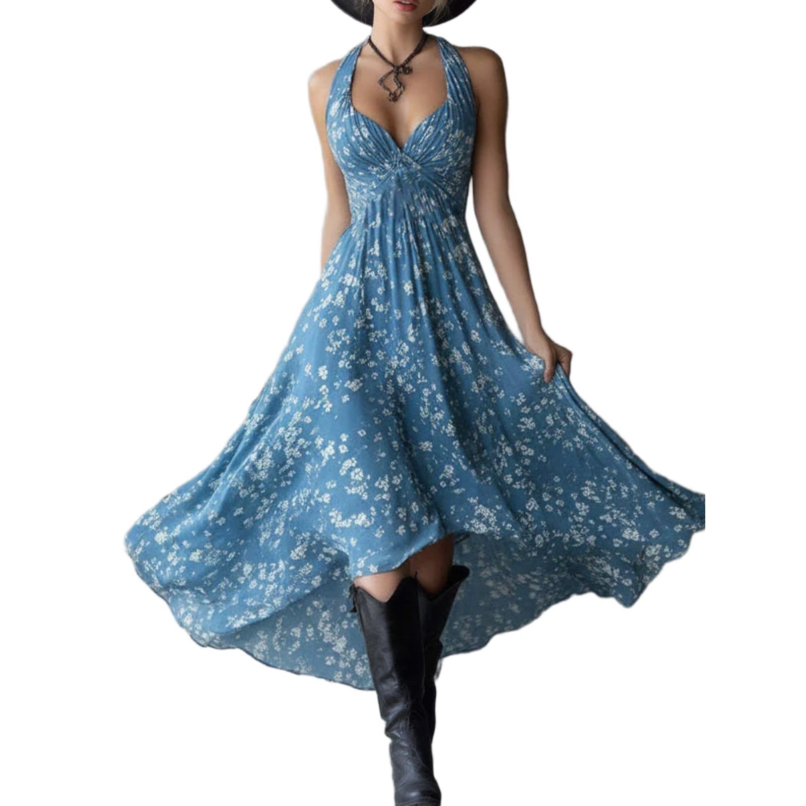 Vestido de verano con cuello halter floral para mujer, vestido de verano acampanado con vuelo, vacaciones, playa, uso diario, fiestas, viajes, casual