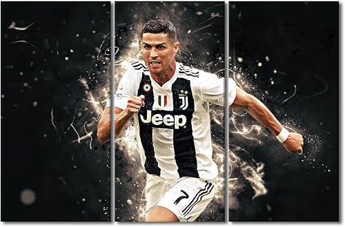 TISHIRON 3 paneles CR7 Cristiano Ronaldo - Póster en lienzo para decoración de pared, pelota deportiva, casa moderna, para club, arena, sala de