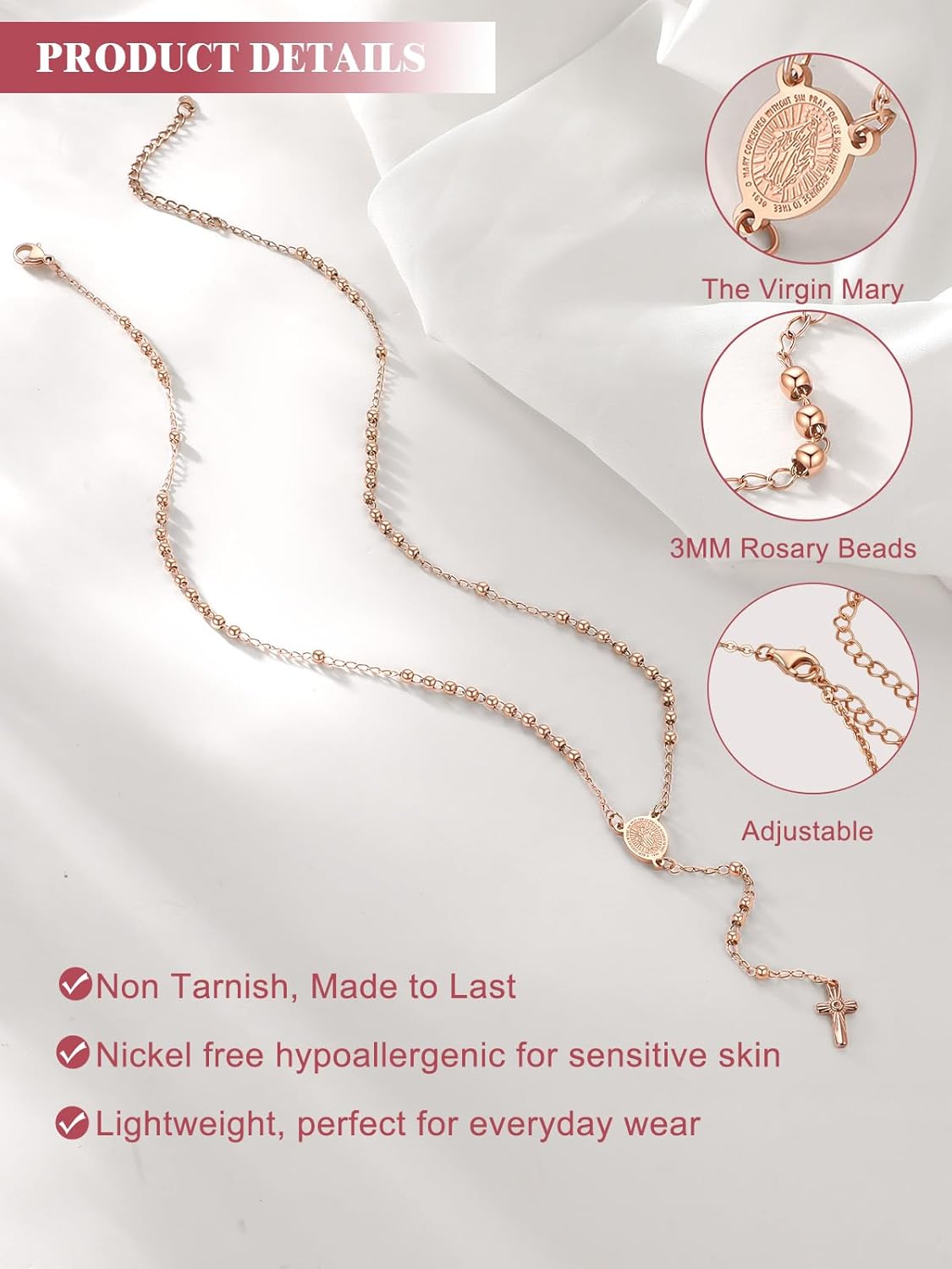 FOCALOOK Rosary Chain Necklace Virgin Mary Prayer Necklace with Crucifix/Jesus Cross Pendant Catholic Long Y Drop Chain Jewelry Gift for Women Men (with Rosary Box & Pray Card)