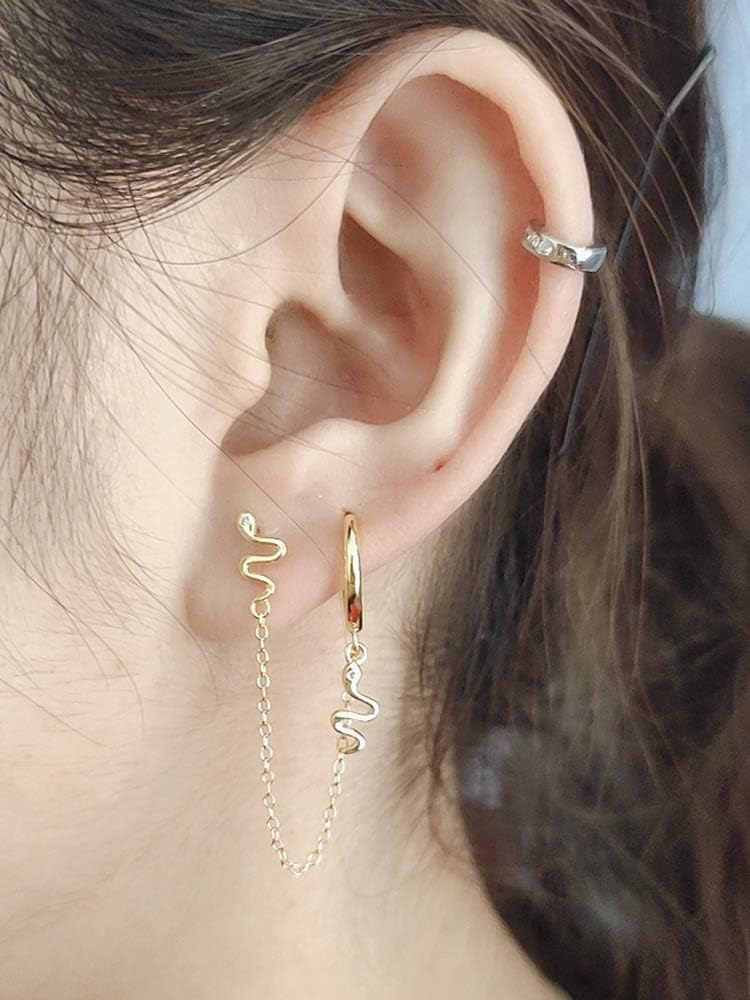 Punk Double Snake Small Hoop Cuff Earrings CZ Sterling Silver Huggie Stylish Animal Cartilage Studs Charm Chain Tassel Threader Dangle Drop Earring Two Holes Piercing for Women Girl 1pcs - Image 4