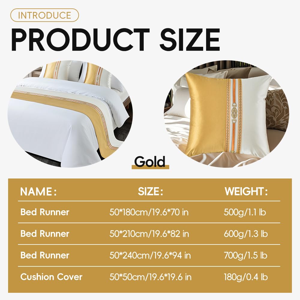 Bed Runner Smooth Comfort Decorative Jacquard Bed Scarf for Home and Hotel King Size Bed Throw Bedroom (Gold, 50x240cm/19.6x94in)