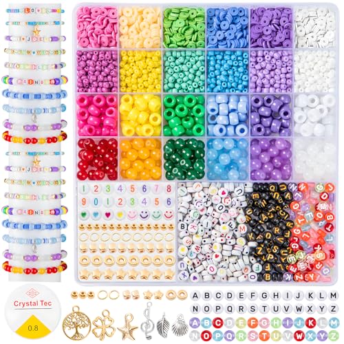 zenmag Perlen Set für Armbänder mit Tonperlen 4mm Perlen Ponyperlen 8mm Glasperlen Buchstabenperlen & Charms Bastelset für Erwachsenerer ab Armbänder Selber Machen