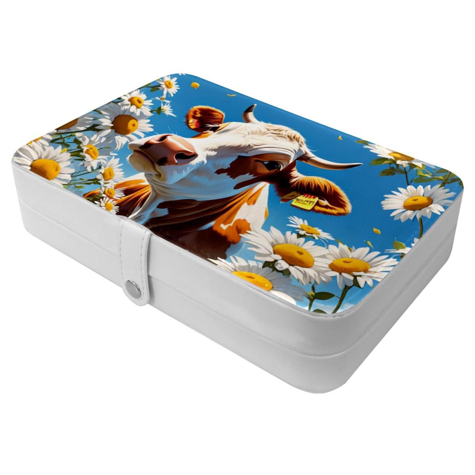 Boîte à bijoux de voyage en cuir synthétique imprimé fleur et vache