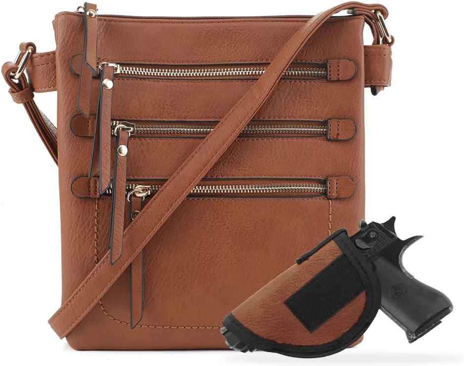 JESSIE & JAMES Double Compartment Multi-Zipper Triple Zip Pockets Concealed Carry Crossbody Bag with Lock and Key