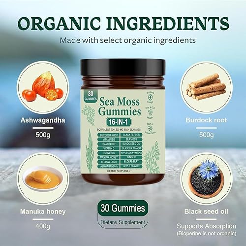 Miniatura 2 de Gomitas de musgo marino 16 en 1  Gomitas de musgo marino para mujeres y hombres con aceite de semilla negra, raíz de bardana, vejiga, miel de manuka