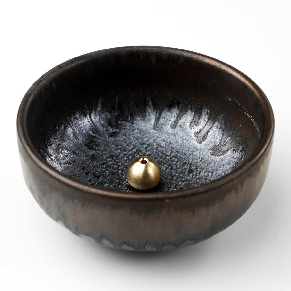 Asayu Japan Porte Encens Zen en Céramique avec Brûleur d'Encens en Laiton pour Bâtons, Récupérateur de Cendres Fabriqué au Japon, Couleurs Noir et Doré