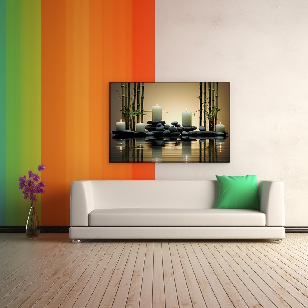Canvas for Living room. Illuminating Serenity: Candles, Stones, and Bamboo Whispers in a Spa Oasis, 27 x 18 inch Canvas Wall Art - Modern Home Decor