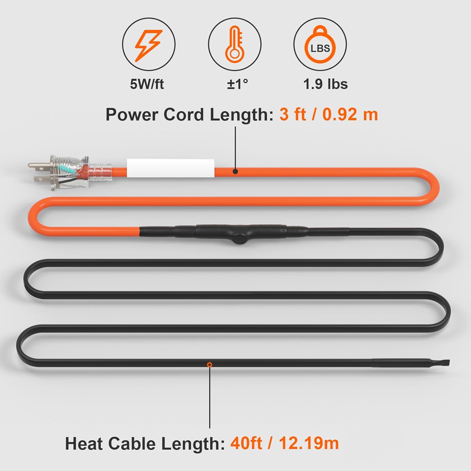 Happybuy 40FT Self - Regulating Pipe Heating Cable, Delivering 5W/FT of heating power, it has a built - in thermostat for precise temperature regulation.