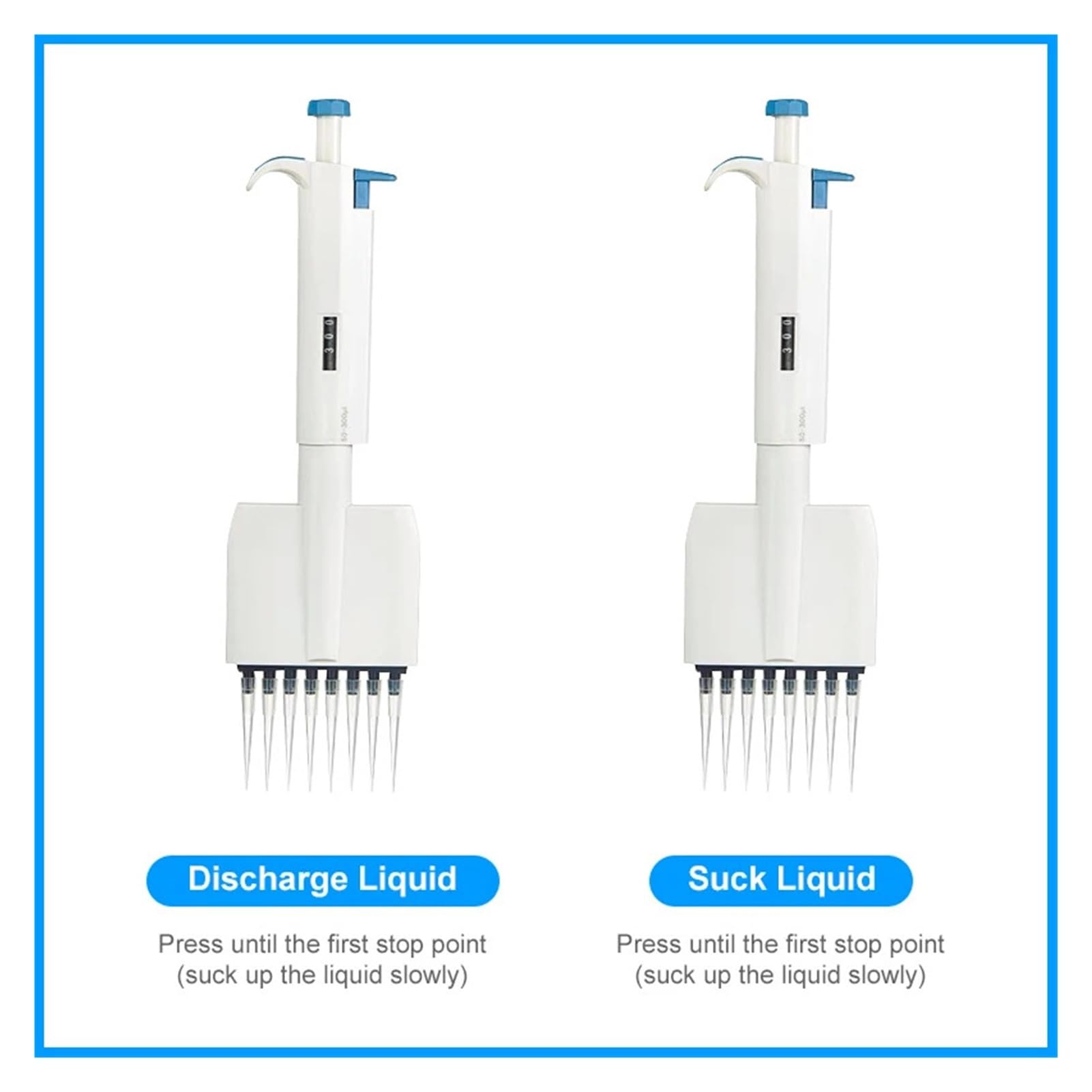 pipeta de laboratorio Pipeta multicanal de 8/12 canales, precisa y calibrada, con volumen mecánico ajustable.(8 Channels 5-50ul)