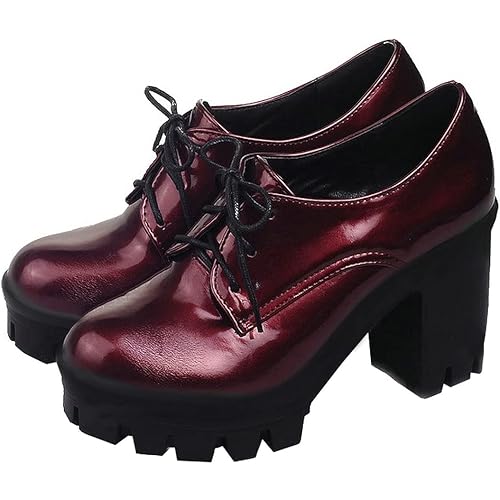 BEAUPAS Women's Lace Up High Heels Oxford Platform Pumps Chunky Heel Patent Leather Booties Vintage Shoes