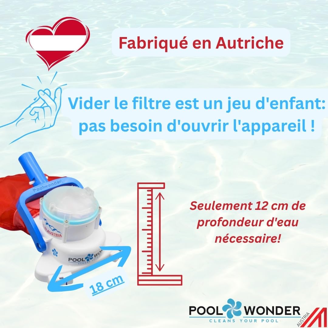 Poolwonder Cleverix Aspirateur pour Piscine à Batterie - Nettoyeur de Piscine Super Pratique Fabriqué en Autriche avec Poteau de Kit de Démarrage de 2 m