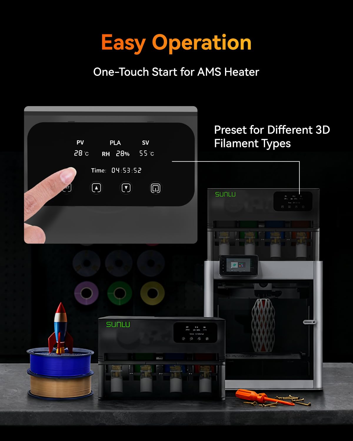SUNLU Ufficiale AMS Heater, Asciugatura e Stampa Simultanea, Asciugatore per filamenti per stampante 3D per AMS Gen 1, Controllo Umidità Intelligente, 70°C in 20 Min, Capacità 4 Bobine