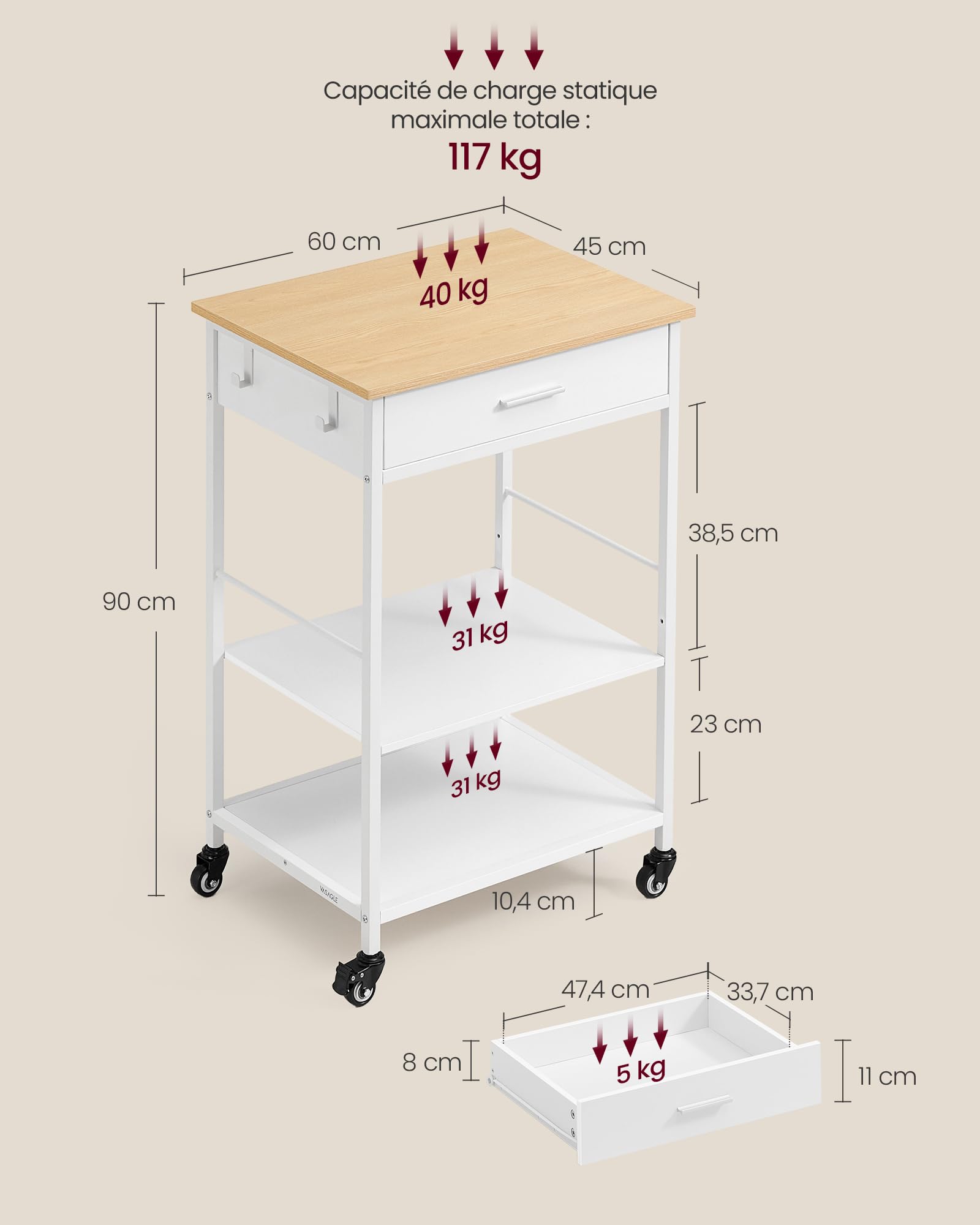 VASAGLE Desserte de Cuisine à roulettes, Îlot de Cuisine Mobile, 45 x 60 x 90 cm, avec Tiroir, 2 Crochets, pour Salle à Manger, Beige Chêne et Blanc Mat KKI007Y01