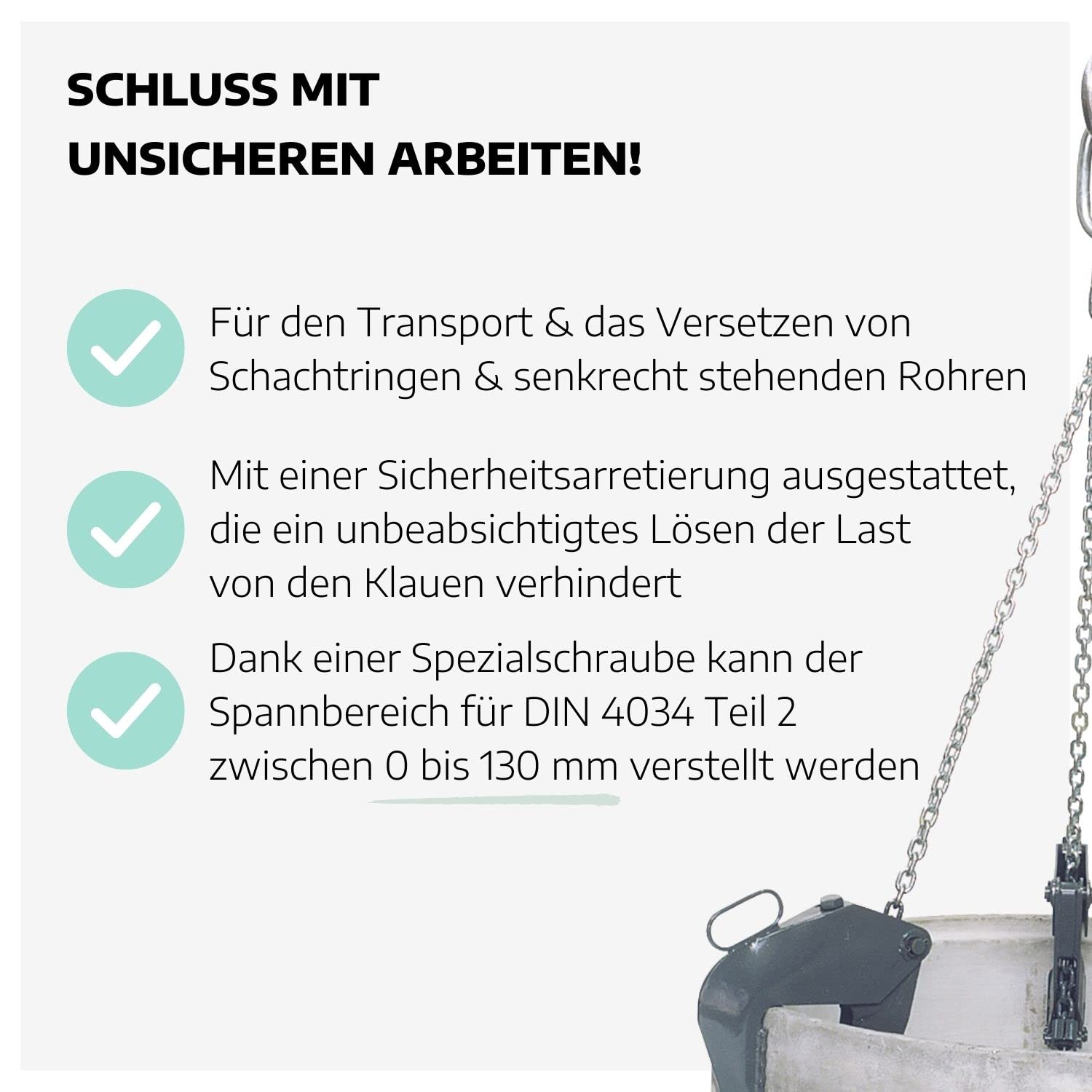 Schachtgehänge aus leichter Stahlhohlbauweise 1500kg I Kettengehänge in 170 cm für Rohre bis 200 cm Durchmesser I Anschlagkette für DIN 4034 Teil 2 I Spannbereich 0-130 mm
