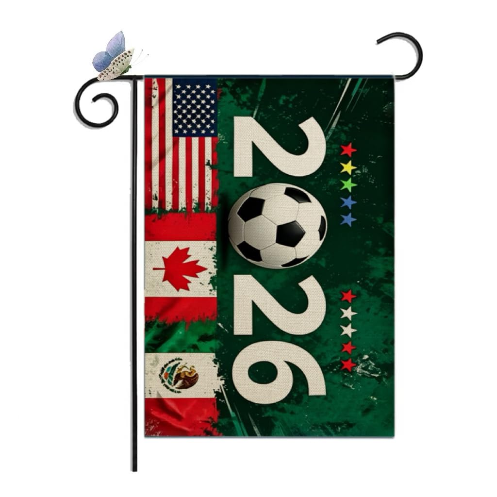 Photo 1 of CANTENDO 2026 USA-Canada-Mexico Soccer Supporters Design Flag Double Sided Flax 2026 Football Tournament Garden Flags Outdoor Yard Decorative Flags Banner(12"x 18"?