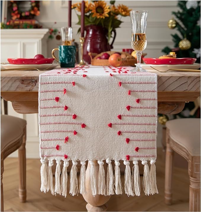 Vintage Threads Luxurious 100% Natural Pure Cotton Handmade Table Runner With Tassels For 6 Seater Dining Table Self Designer Pattern (14 X 72 Inches) (Cherry Red Lines), Large