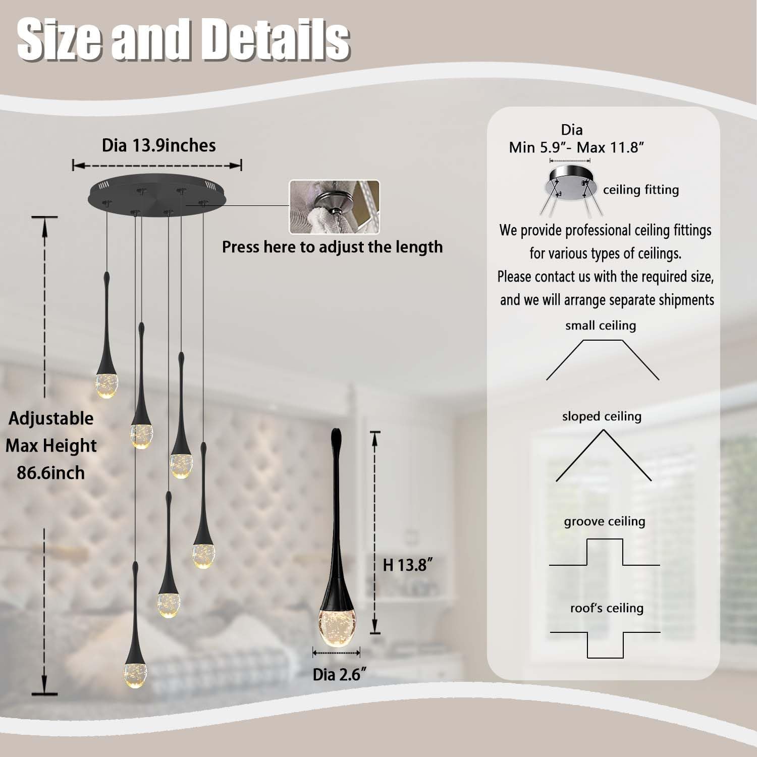 ykolupty 6-Lights Black Dinning Room Crystal Chandeliers Bubble Raindrop Big Crystal Penant Chandeliers Living Room Dimmable 2700-6000k LED Loft Ceiling Lighting Fixture…