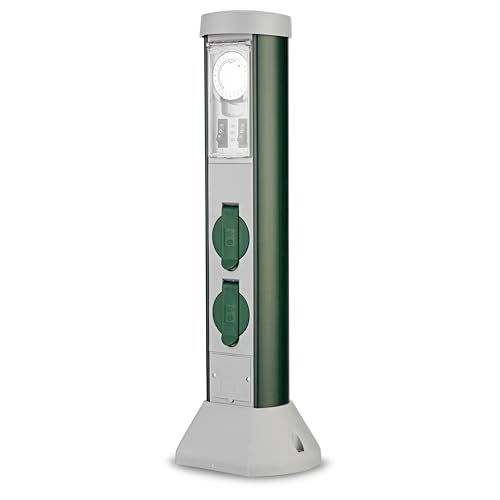 REV Gartensteckdose GreenCraft - 2-Fach Steckdosensäule mit Zeitschaltuhr 51cm Höhe IP44 spritzwassergeschützt ideal für Garten & Terrasse grün