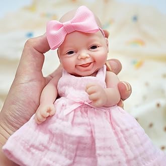 MYREBABY 7" Reborn Baby Doll Silicone Full Body Miniature Realistic Newborn Doll Lifelike Eyes Open Smile Baby Girl Looking Real with Pink Dress Accessories for Kids Birthday Gift