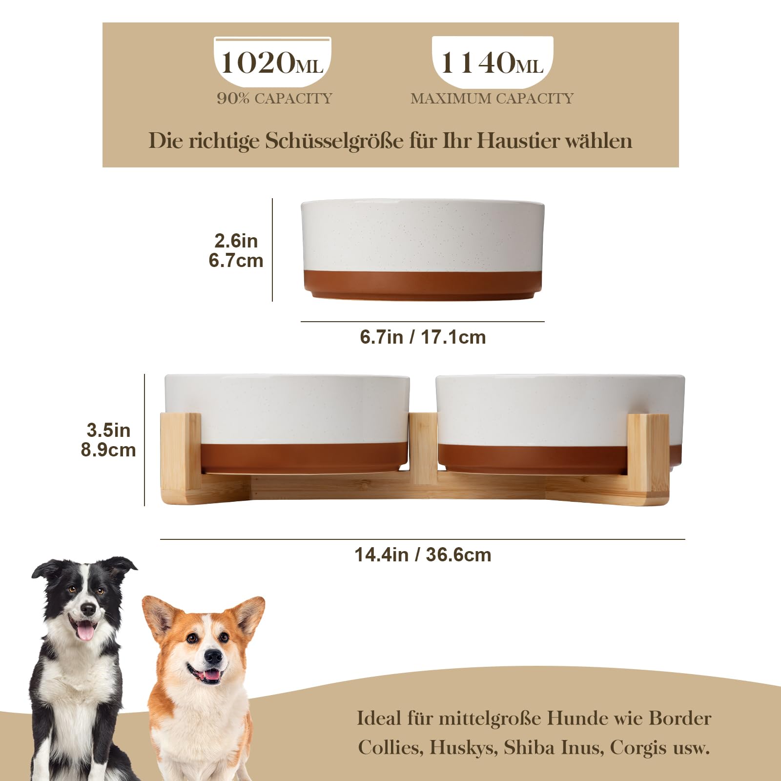 MALACASA Hundenapf Keramik mit Bambus Ständer, 1140 ml Doppelte Futternapf für Mittelgroße Hunde Katzen, futternapf und wassernapf Hund, Rutschfester Stand, Spülmaschinenfest