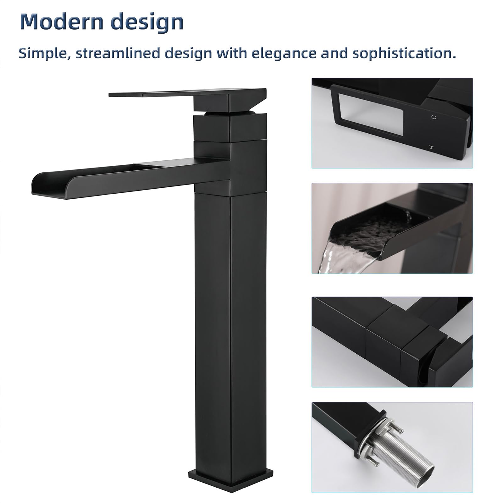 Rubinetto Bagno Lavabo Alto, Rubinetto per Lavabo Girevole a 360°, Miscelatore Monocomando Lavabo Cascata, Fredda e Calda Regolabile, Nero, 6M3OK-T