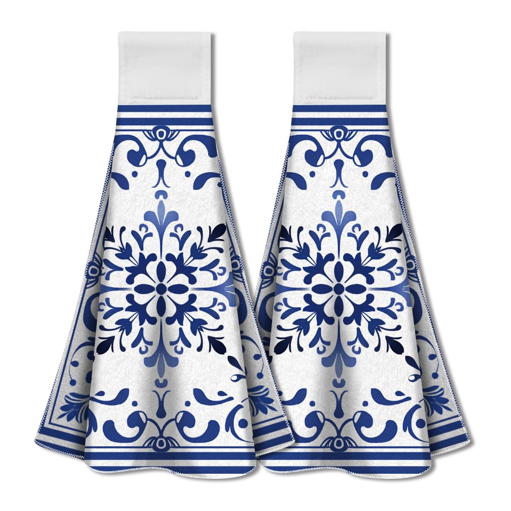 WADORN Vintage Blue Porcelain Hanging Kitchen Towels Set of 2, Soft Super Absorbent Blue White Hand Towels with Loop Microfiber Boho Blue Decorative Hand Dish Towels Tea Towels for Kitchen Restaurant