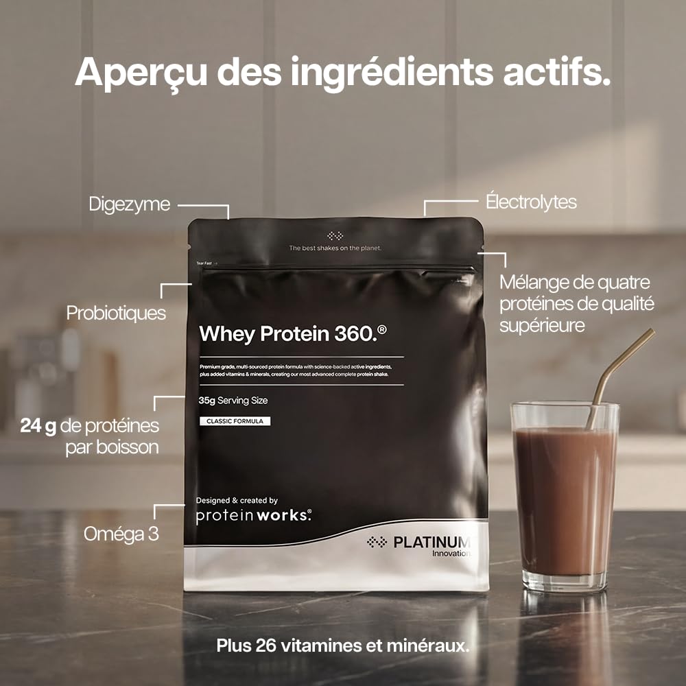 Protein Works | Whey Protein 360 - PLATINUM Innovation, Protéines Whey Isolate, Electrolytes Ajoutés, Enzymes Digestives, Omega 3, Sans Sucres Ajoutés, Chocolat Onctueux, 17 Portions, 600 g