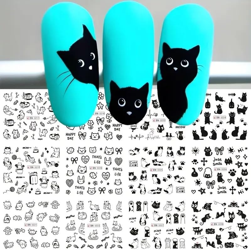 Cute Cat Nail Art Stickers Black Cats Water Transfer Nail Stickers Cat Paw Cute Animals Water Transfer Nail Decals Cute 3D Self Adhesive Nail Art Supplies White Cats Designs Nail Art Decals 12PCS