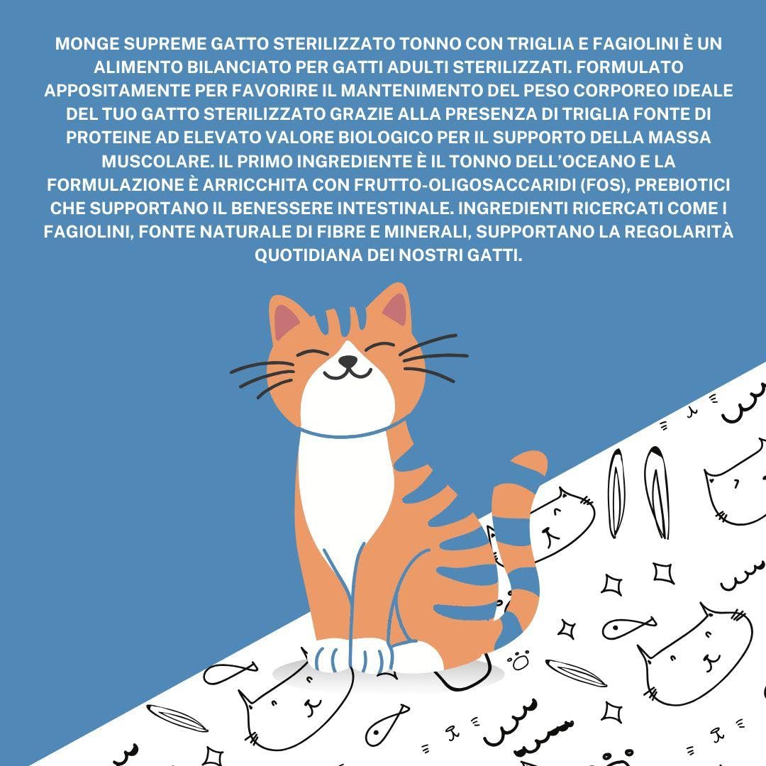 Monge Natural - Bolsitas para gato, alimento completo para gatos adultos y esterilizados, Monge húmedo gato sabor atún con trampa y frijolinos, húmedo para gatos | 12 sobres de 80 gramos cada una.